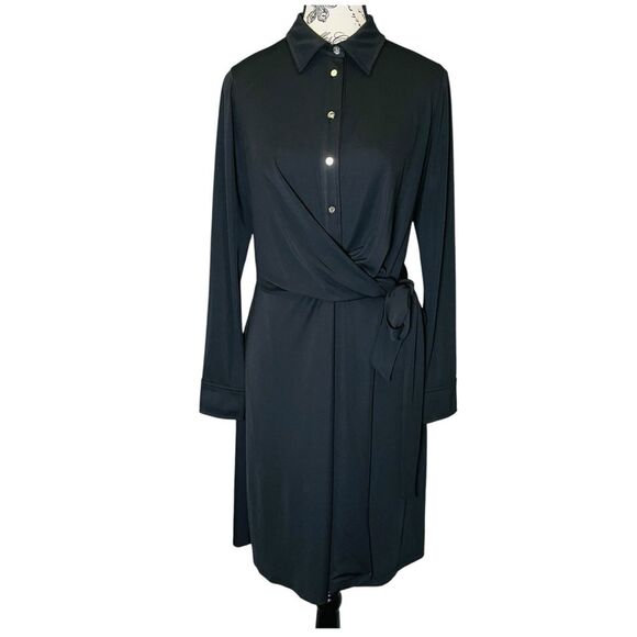 Lauren Ralph Lauren Black Notched Collar Midi Size 10 Shirt Dress MSRP $145 NWT - Picture 2 of 15